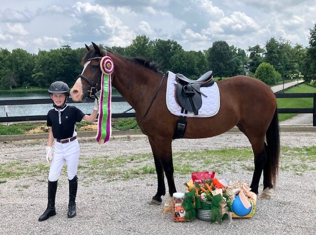 Horse with ribbons standing next to rider