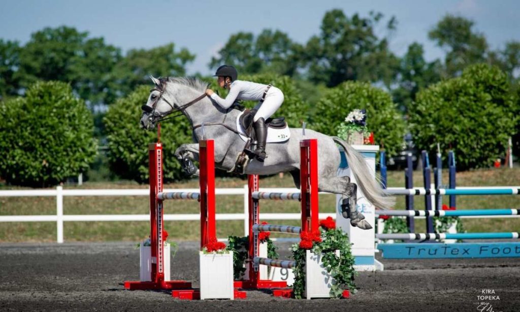 horse and rider jumping large oxer