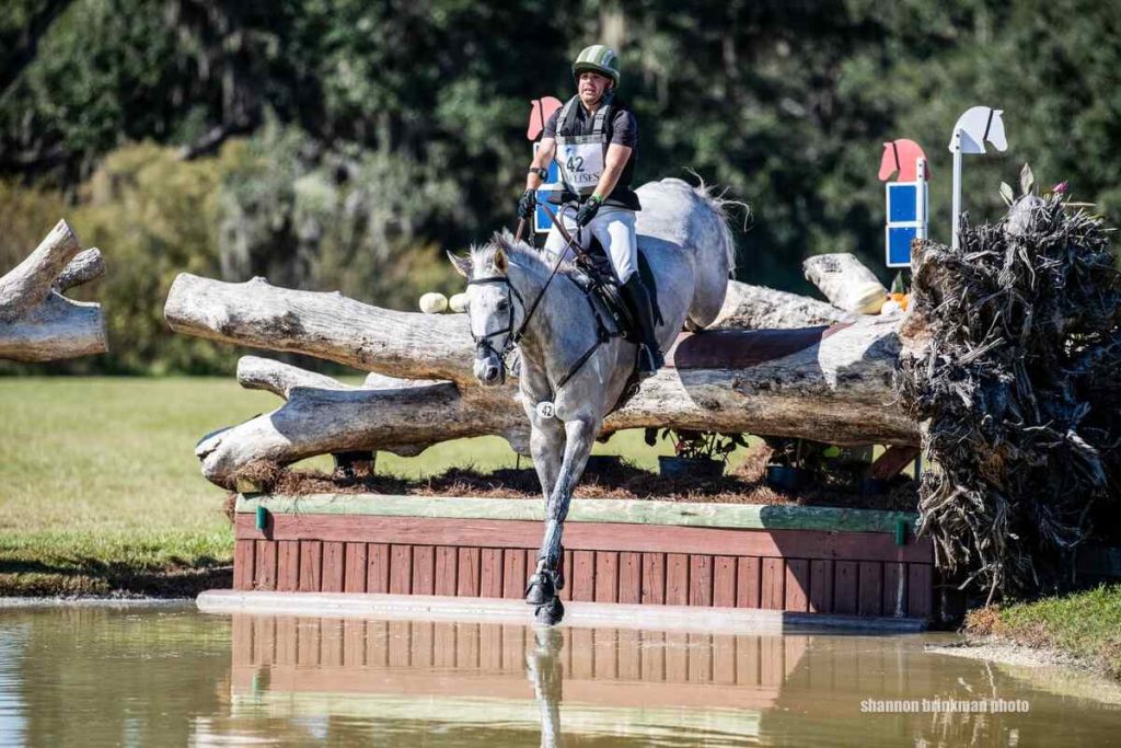 Cross Country horse and rider jumping into water.